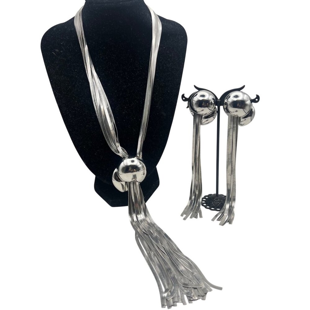 Silver Tone Necklace Earrings Set Multi Strand Snake Chain Long Tassel Runway